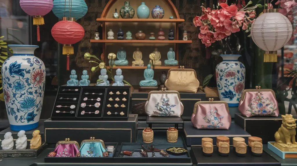 A stylish storefront display showcasing a variety of Asian-inspired accessories. The setup includes vibrant ceramic vases with floral designs, embroidered silk purses in pastel colors, and ornate jewelry pieces arranged on velvet displays. Lanterns in soft hues hang above, with jade figurines and miniature sculptures placed on wooden shelves in the background. The arrangement exudes a blend of traditional and contemporary elegance.