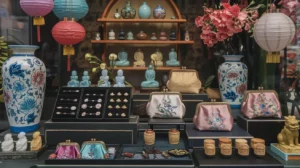 A stylish storefront display showcasing a variety of Asian-inspired accessories. The setup includes vibrant ceramic vases with floral designs, embroidered silk purses in pastel colors, and ornate jewelry pieces arranged on velvet displays. Lanterns in soft hues hang above, with jade figurines and miniature sculptures placed on wooden shelves in the background. The arrangement exudes a blend of traditional and contemporary elegance.