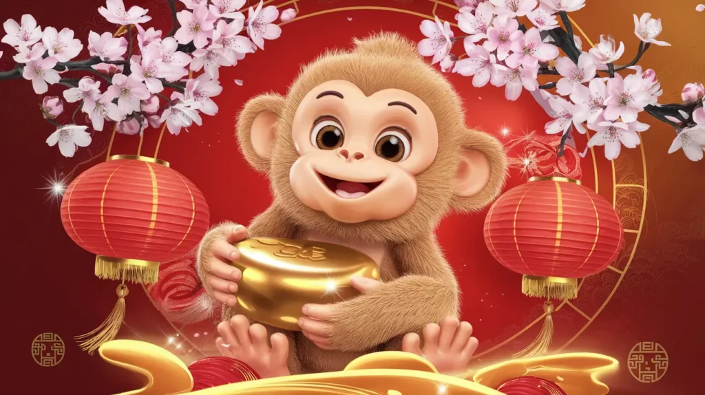 Cheerful monkey holding a gold ingot surrounded by cherry blossoms and red lanterns celebrating the Year of the Monkey in the Chinese Zodiac.
