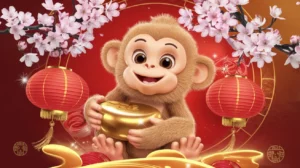 Cheerful monkey holding a gold ingot surrounded by cherry blossoms and red lanterns celebrating the Year of the Monkey in the Chinese Zodiac.