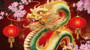 Majestic golden dragon with green scales, surrounded by cherry blossoms and red lanterns, celebrating the Year of the Dragon in the Chinese Zodiac.