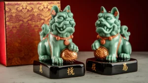 A pair of jade-green Foo Dog statues with intricate gold detailing, each mounted on glossy black pedestals engraved with golden Chinese characters. The statues are placed against a rich red and gold decorative background.