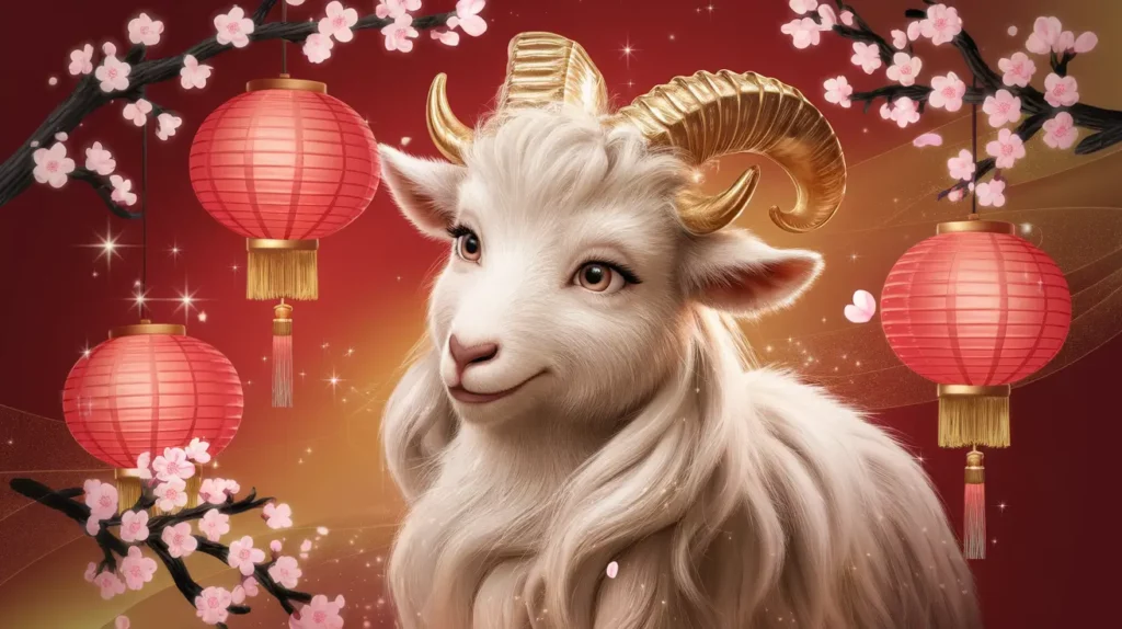 Elegant goat with golden horns surrounded by cherry blossoms and red lanterns celebrating the Year of the Goat in the Chinese Zodiac.