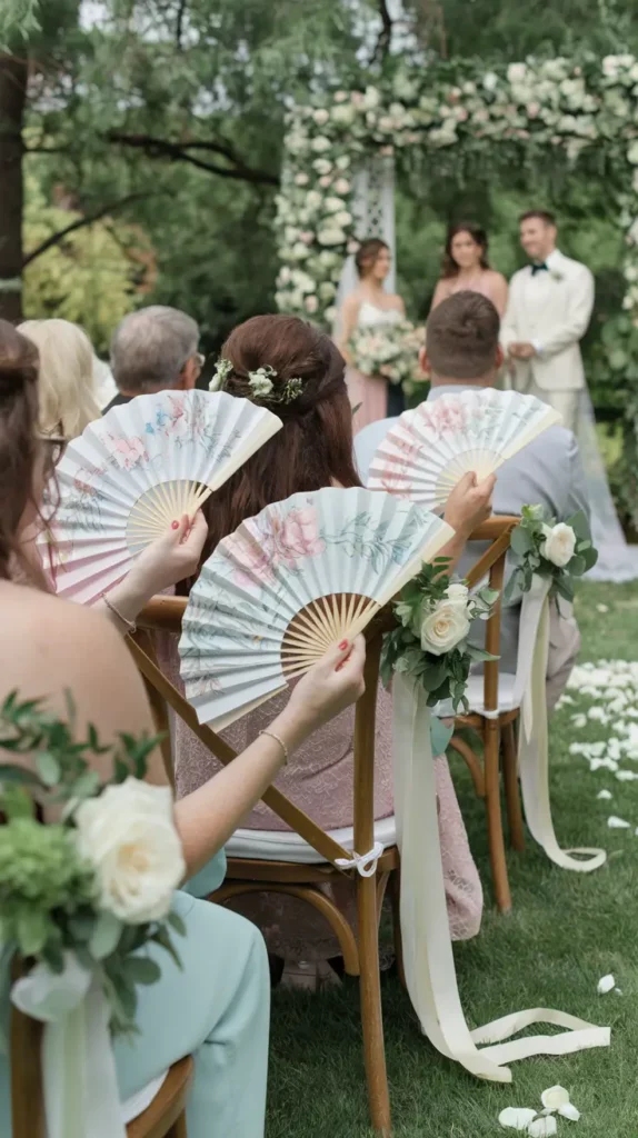 Guests at an outdoor wedding ceremony holding pastel hand fans decorated with floral patterns, seated on wooden chairs adorned with white roses and ribbons, as the bride and groom exchange vows under a floral arch in the background.