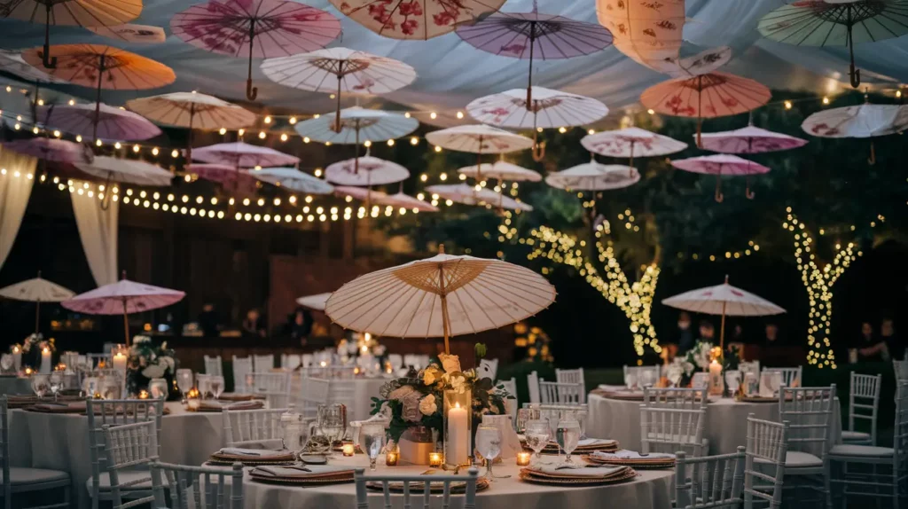 Enchanting wedding reception under a canopy of hand-painted parasols.