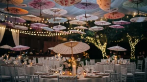Enchanting wedding reception under a canopy of hand-painted parasols.