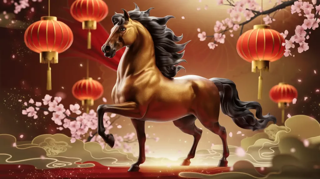 Majestic golden horse surrounded by cherry blossoms and red lanterns celebrating the Year of the Horse in the Chinese Zodiac.