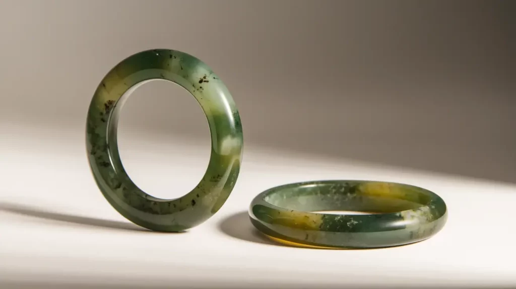 Elegant jade bangle bracelets with a sleek, polished design and natural green hues. Perfect accessory for timeless style and sophistication.