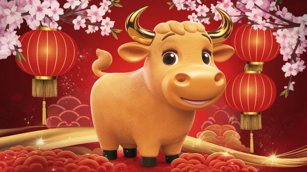 Cheerful golden ox with cherry blossoms and red lanterns celebrating the Year of the Ox in the Chinese Zodiac.