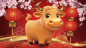 Cheerful golden ox with cherry blossoms and red lanterns celebrating the Year of the Ox in the Chinese Zodiac.