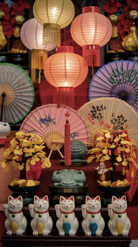 A decorative display featuring colorful paper lanterns, hand-painted fans, parasols, golden money trees, and a row of lucky cat figurines against a rich red backdrop.