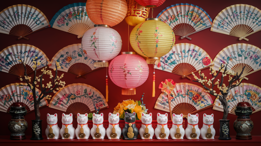 A colorful display of traditional Asian decorative items featuring paper lanterns, hand fans, lucky cat figurines, and ornamental vases, set against a red background.