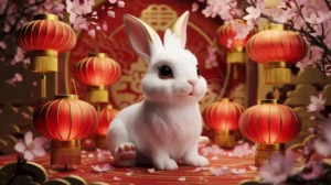 Elegant white rabbit surrounded by red lanterns and cherry blossoms celebrating the Year of the Rabbit in the Chinese Zodiac.