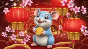 Cheerful blue rat holding a gold coin, surrounded by cherry blossoms and red lanterns celebrating the Year of the Rat.