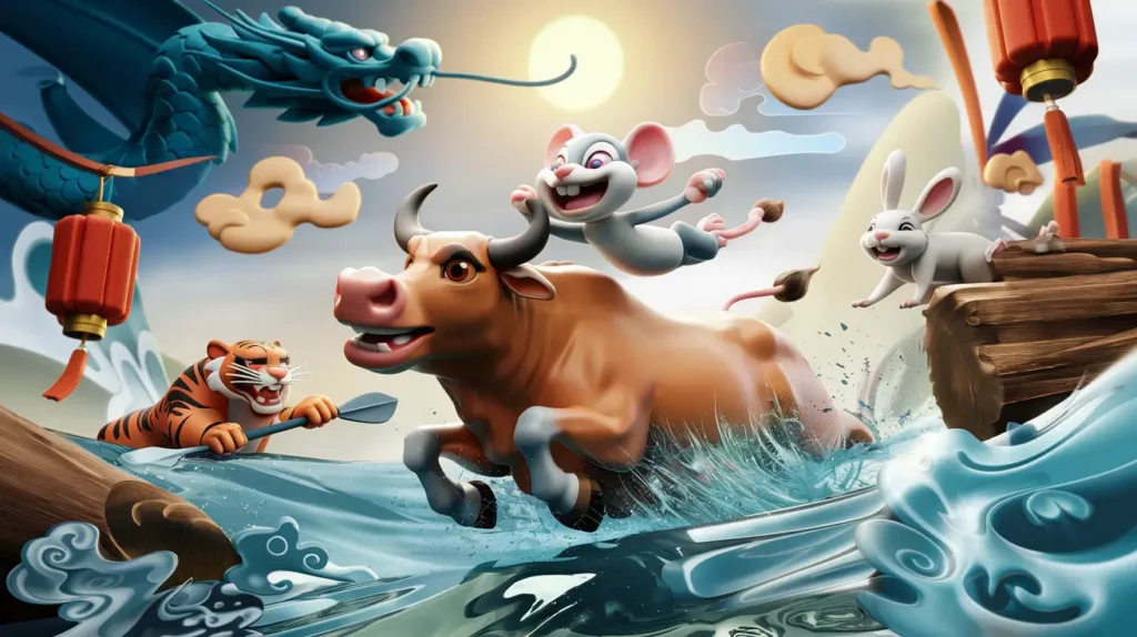 Illustration of animals from the Chinese zodiac crossing a river in a vibrant race. A rat is riding on an ox, a tiger is rowing on a log, and a rabbit leaps joyfully. A dragon flies in the background, with lanterns and waves adding dynamic energy to the scene.