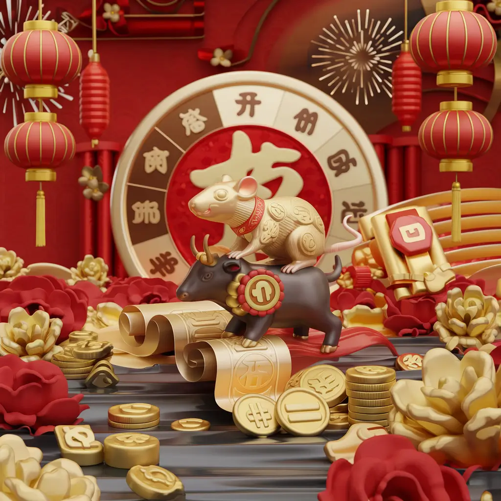 Decorative Rat and Ox figurines surrounded by gold coins, scrolls, and red lanterns celebrating the Chinese New Year.