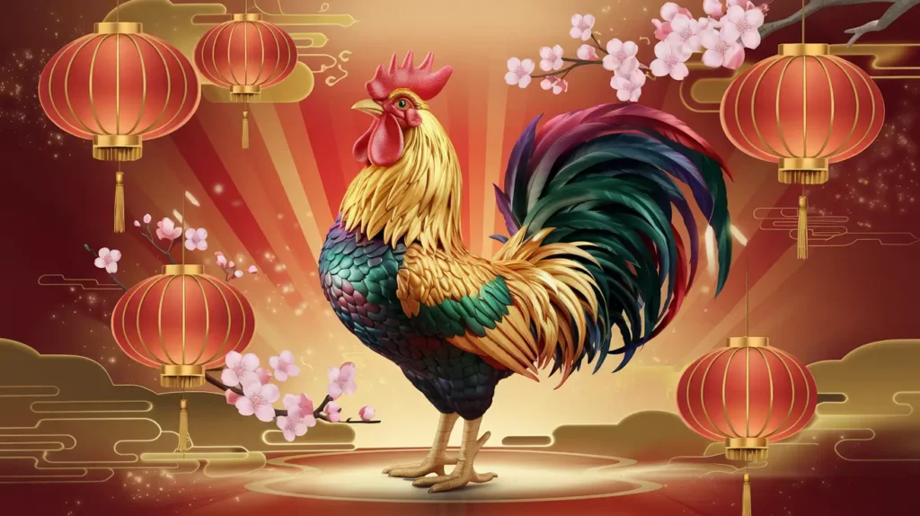 Vibrant rooster surrounded by cherry blossoms and red lanterns celebrating the Year of the Rooster in the Chinese Zodiac.
