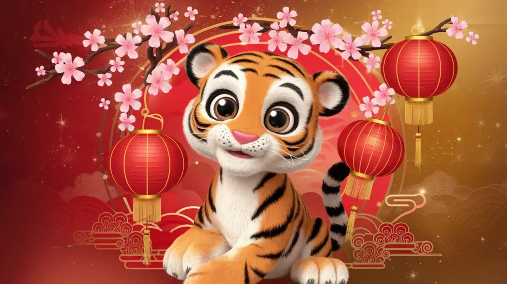 Adorable cartoon tiger with cherry blossoms and red lanterns against a festive golden-red background celebrating the Year of the Tiger.
