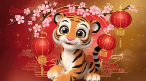 Adorable cartoon tiger with cherry blossoms and red lanterns against a festive golden-red background celebrating the Year of the Tiger.