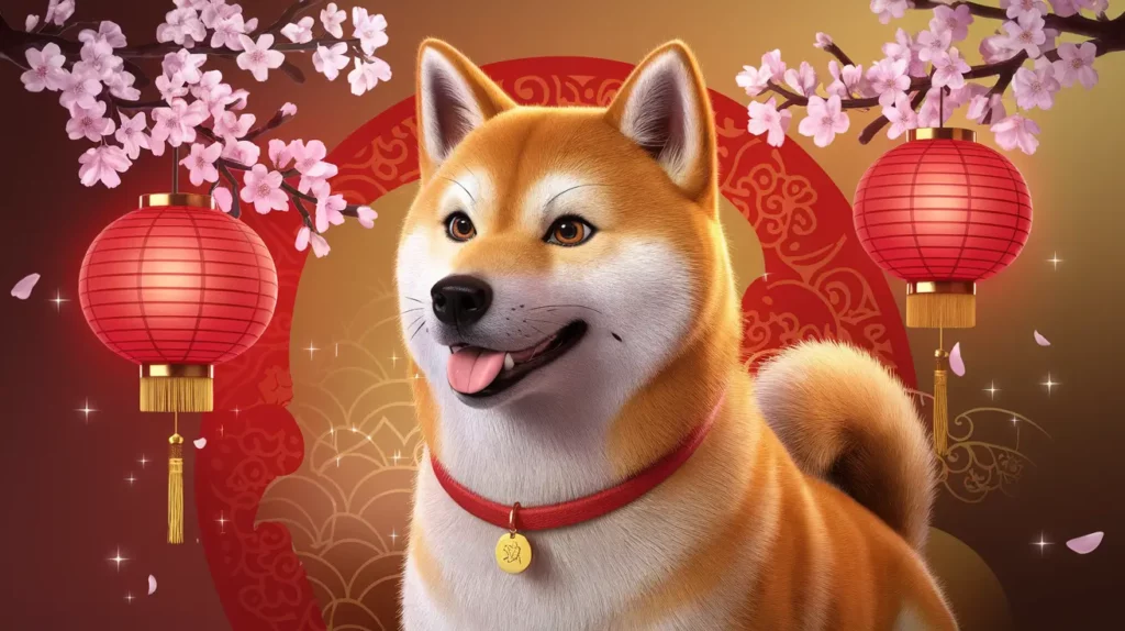 A 3D-rendered image of a golden-brown Shiba Inu dog wearing a red collar with a gold charm, surrounded by glowing red lanterns and cherry blossoms on a festive red and gold background. This picture represents the Year of the Dog in the Chinese Lunar New Year Zodiac