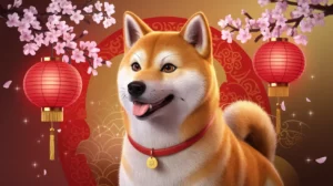 A 3D-rendered image of a golden-brown Shiba Inu dog wearing a red collar with a gold charm, surrounded by glowing red lanterns and cherry blossoms on a festive red and gold background. This picture represents the Year of the Dog in the Chinese Lunar New Year Zodiac