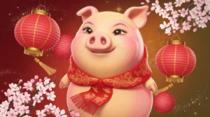A 3D-rendered image of a cheerful pink pig wearing a red scarf embroidered with golden patterns, surrounded by glowing red lanterns and blossoming cherry branches, set against a warm red and gold festive background. This image represents the Year of the Pig in the Chinese Lunar New Year Zodiac.