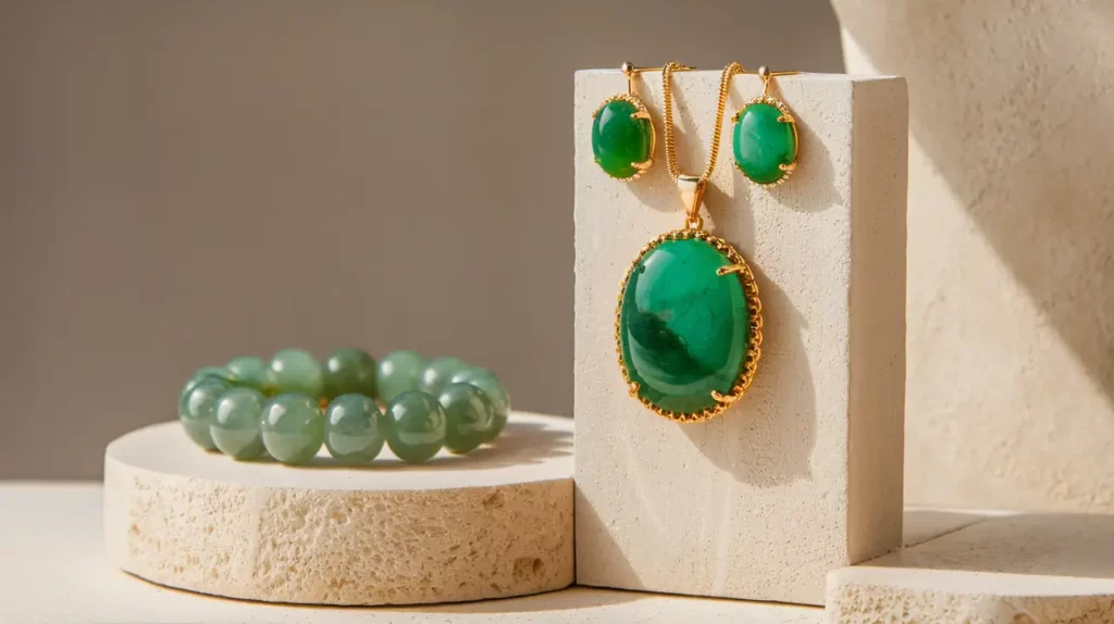 Green jade jewelry set featuring a pendant, earrings, and a beaded bracelet displayed on natural stone stands under soft lighting.