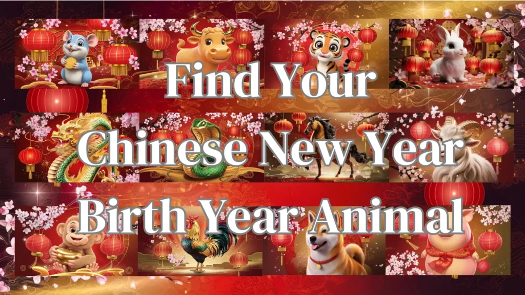 A vibrant collage of all 12 Chinese zodiac animals in a festive setting, each surrounded by glowing red lanterns and cherry blossoms, with "Find Your Chinese New Year Birth Year Animal" written in bold text across the image.