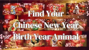 A vibrant collage of all 12 Chinese zodiac animals in a festive setting, each surrounded by glowing red lanterns and cherry blossoms, with "Find Your Chinese New Year Birth Year Animal" written in bold text across the image.