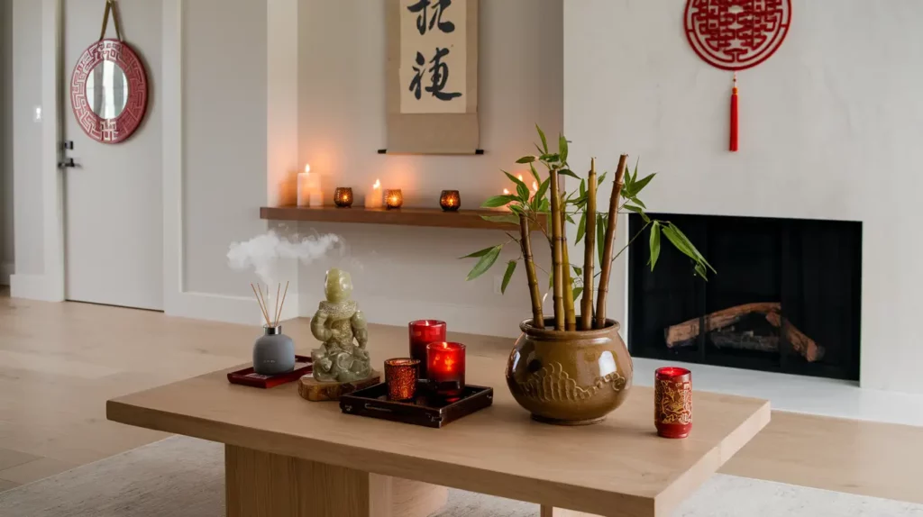 Modern living room with traditional Chinese decorations for Feng Shui, including bamboo, red candles, jade figurine, diffuser, and a calligraphy scroll.
