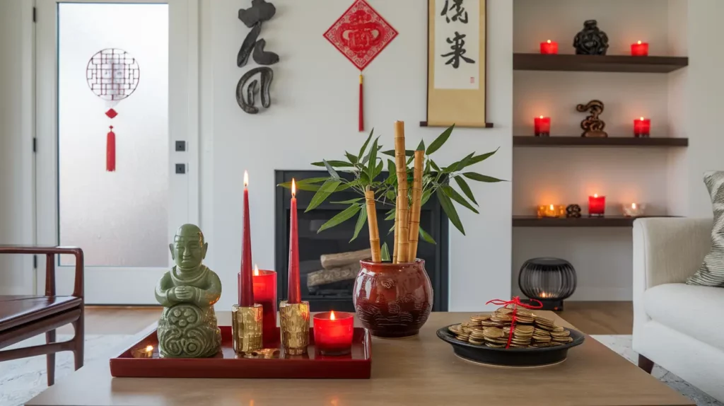 Modern living room decorated with traditional Chinese Feng Shui items, including red candles, jade statue, lucky bamboo, and Chinese coins tied with red string.