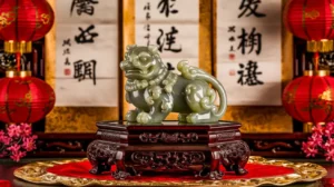 Green jade guardian lion statue representing the meaning of jade in Chinese culture, displayed on a carved wooden pedestal with red lanterns and Chinese calligraphy scrolls in the background.